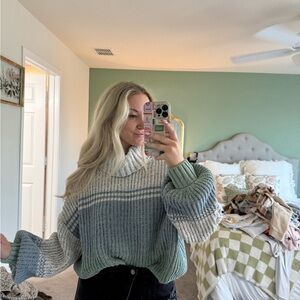 Cozy Knit Turtleneck Sweater in Blue and Cream